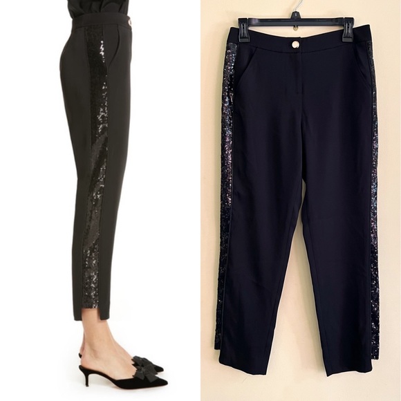 NWT Ted Baker London Black Sequin Side Panel Trouser Cropped Size 1 or US 4 - Picture 1 of 8